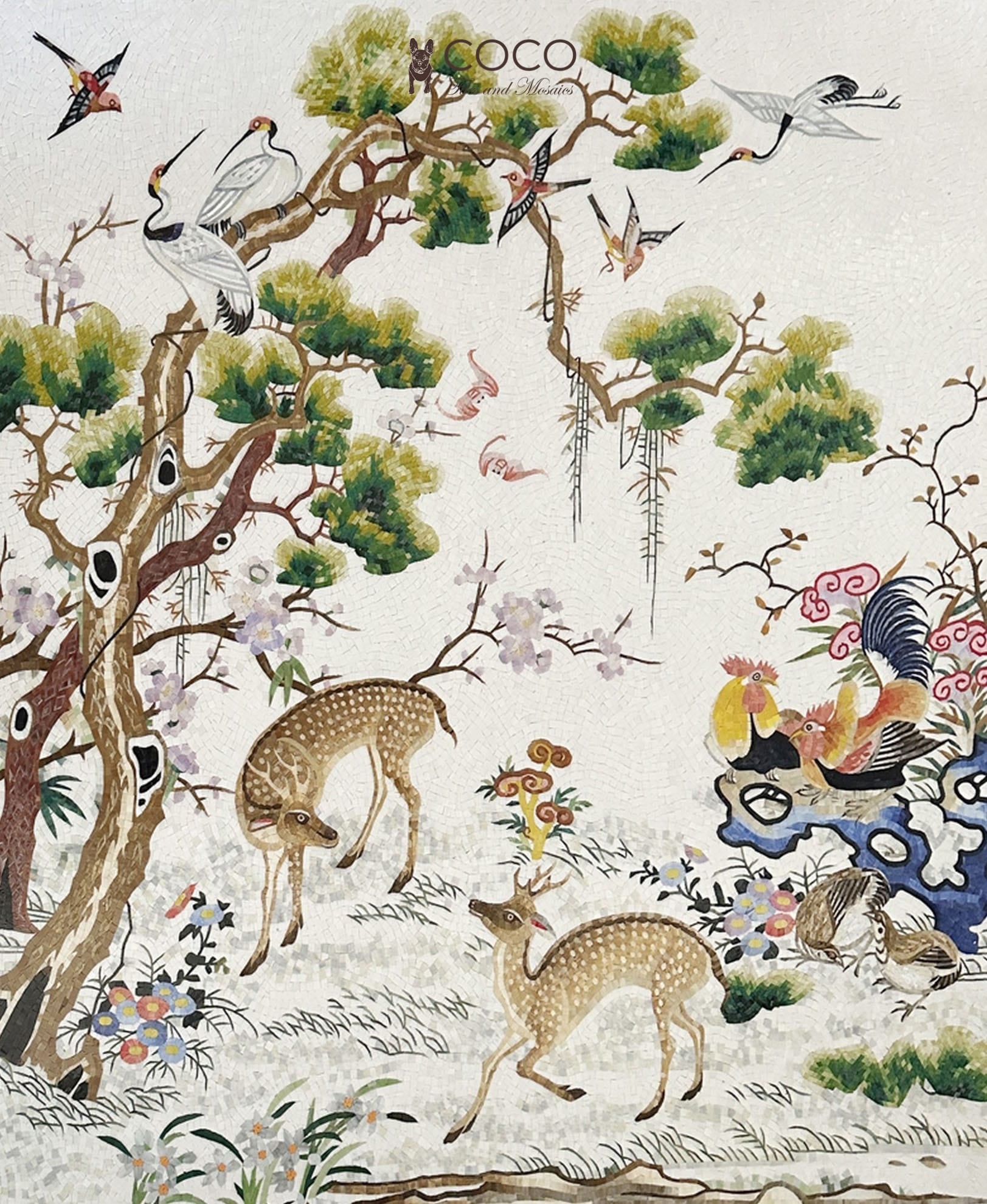 Enchanted Grove - Ivory & Green Chinoiserie Deer Glass Mosaic
Mural