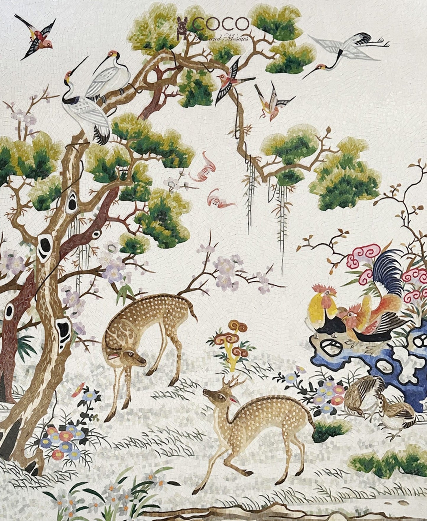Enchanted Grove - Ivory & Green Chinoiserie Deer Glass Mosaic
Mural