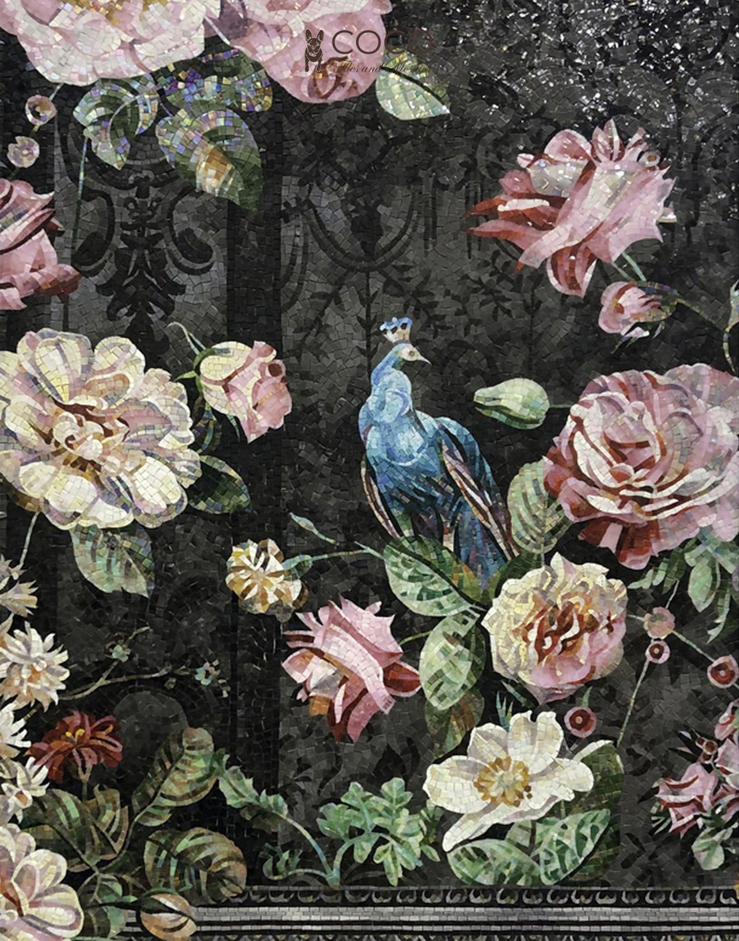 Baroque Rosarium - Blush & Noir Dutch Floral Glass Mosaic Mural