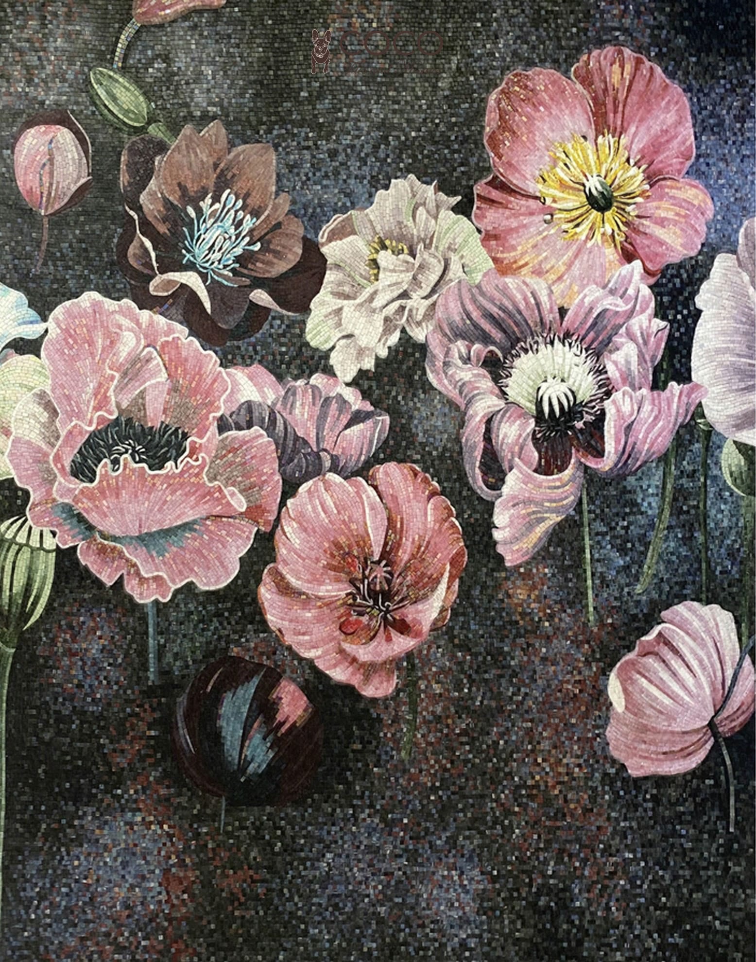 Poppy Nocturne - Pink & Charcoal Botanical Glass Mosaic Mural