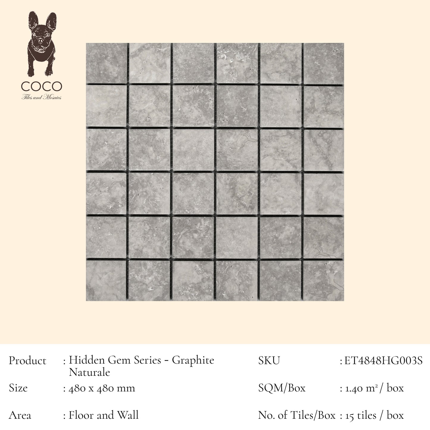 Hidden Gem Series - Graphite Naturale 48x48mm Mosaic Tile