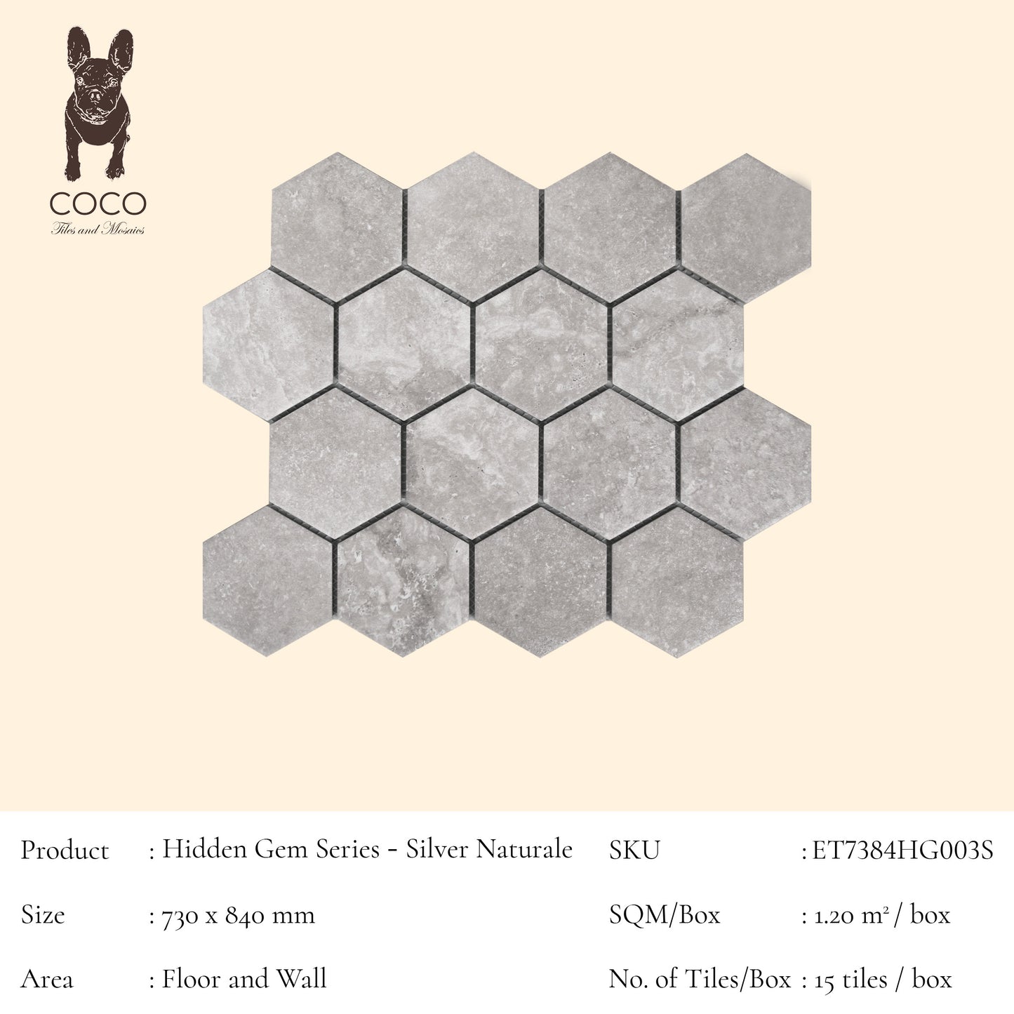 Hidden Gem Series - Silver Naturale 73x84mm Mosaic Tile
