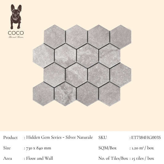 Hidden Gem Series - Silver Naturale 73x84mm Mosaic Tile