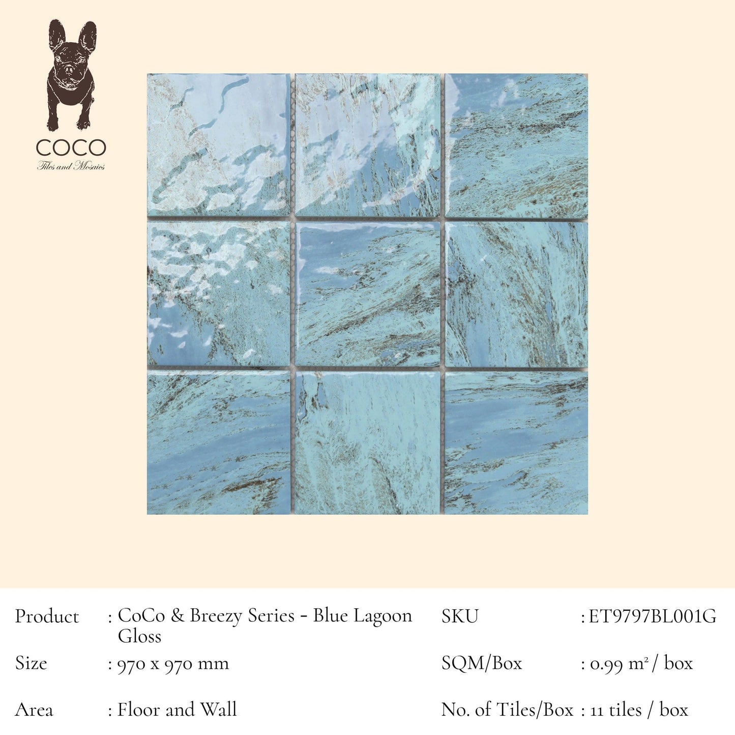 Cut Sample - CoCo & Breezy Series - Blue Lagoon Gloss 97x97mm Porcelain Mosaic Pool Tile (Cut Size: Approx. 194x291 mm)