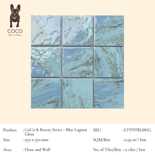 Cut Sample - CoCo & Breezy Series - Blue Lagoon Gloss 97x97mm Porcelain Mosaic Pool Tile (Cut Size: Approx. 194x194 mm)