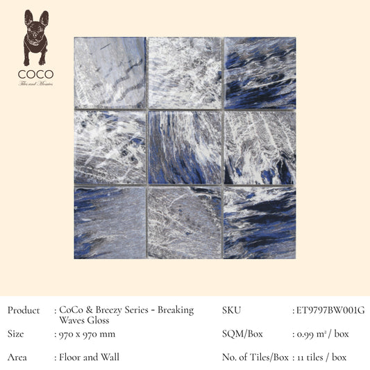CoCo & Breezy Series - Breaking Waves Gloss 97x97mm Mosaic Tile