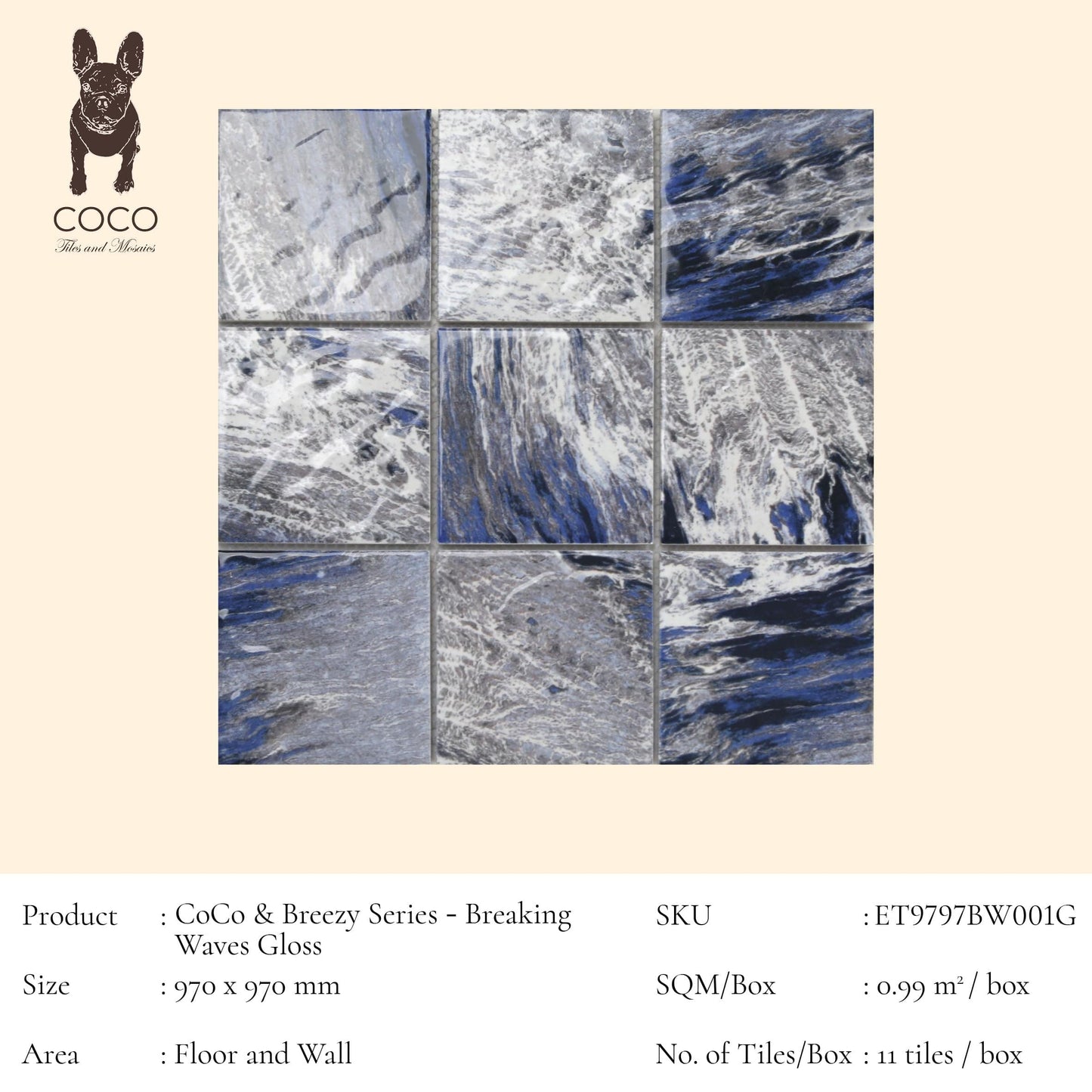 Cut Sample - CoCo & Breezy Series - Breaking Waves Gloss 97x97mm Porcelain Mosaic Pool Tile (Cut Size: Approx. 194x291 mm)