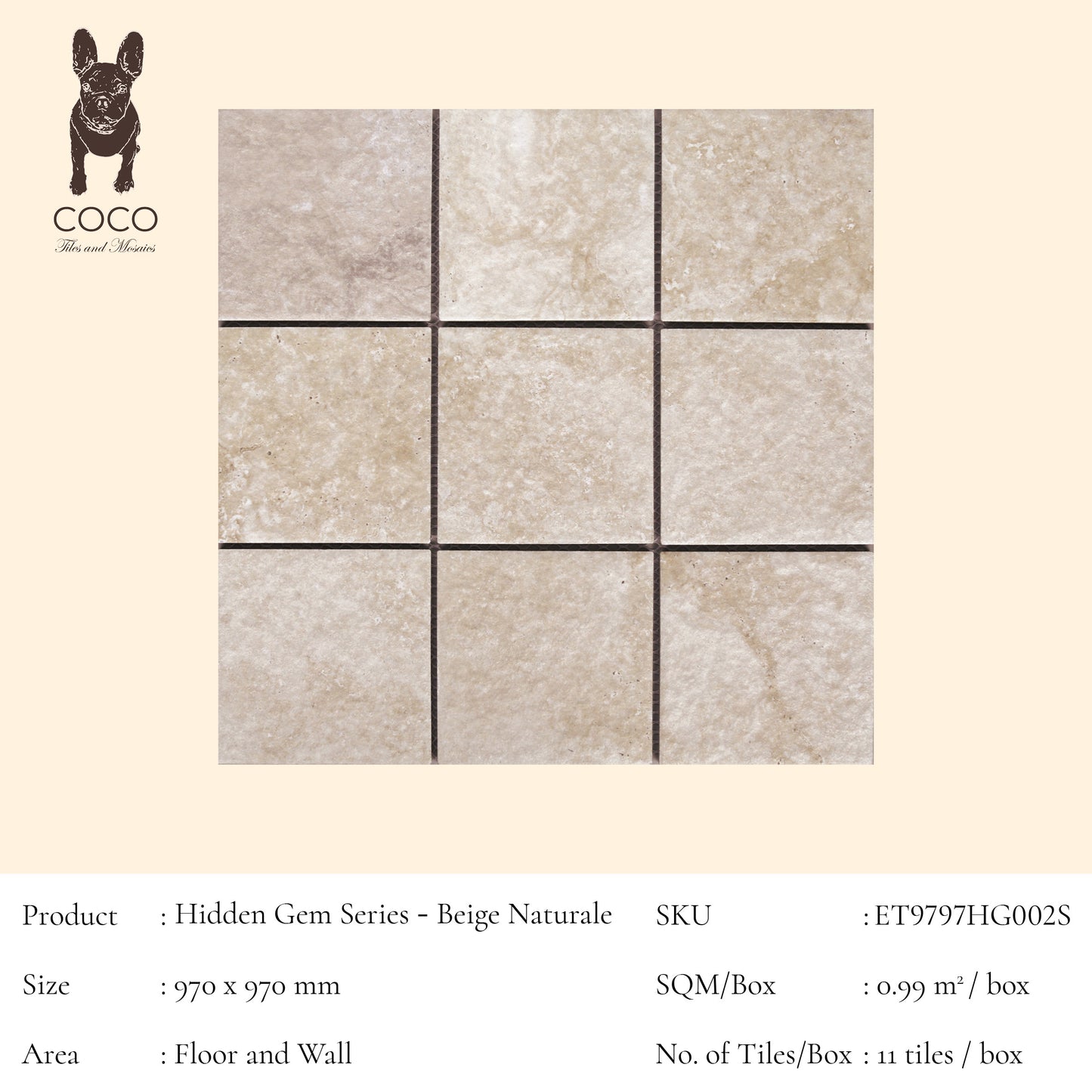 Hidden Gem Series - Beige Naturale 97x97mm Mosaic Tile