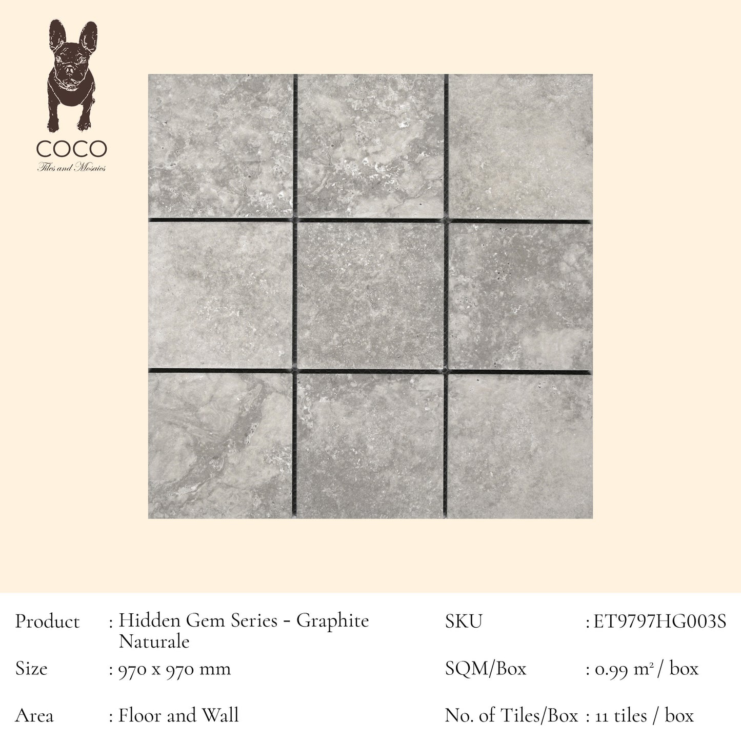 Hidden Gem Series - Graphite Naturale 97x97mm Mosaic Tile