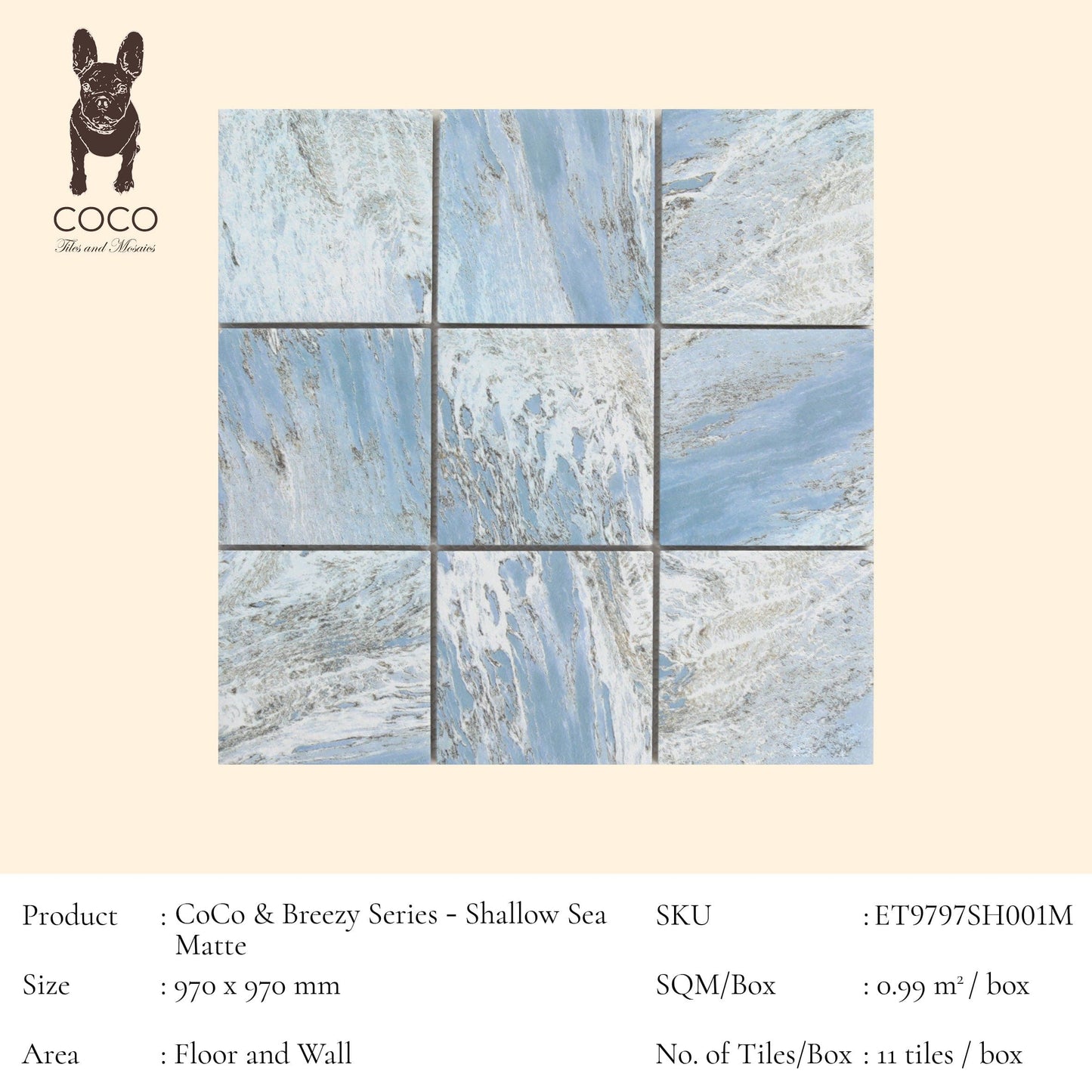 Cut Sample - CoCo & Breezy Series - Shallow Sea Matte 97x97mm Porcelain Mosaic Pool Tile (Cut Size: Approx. 194x291 mm)