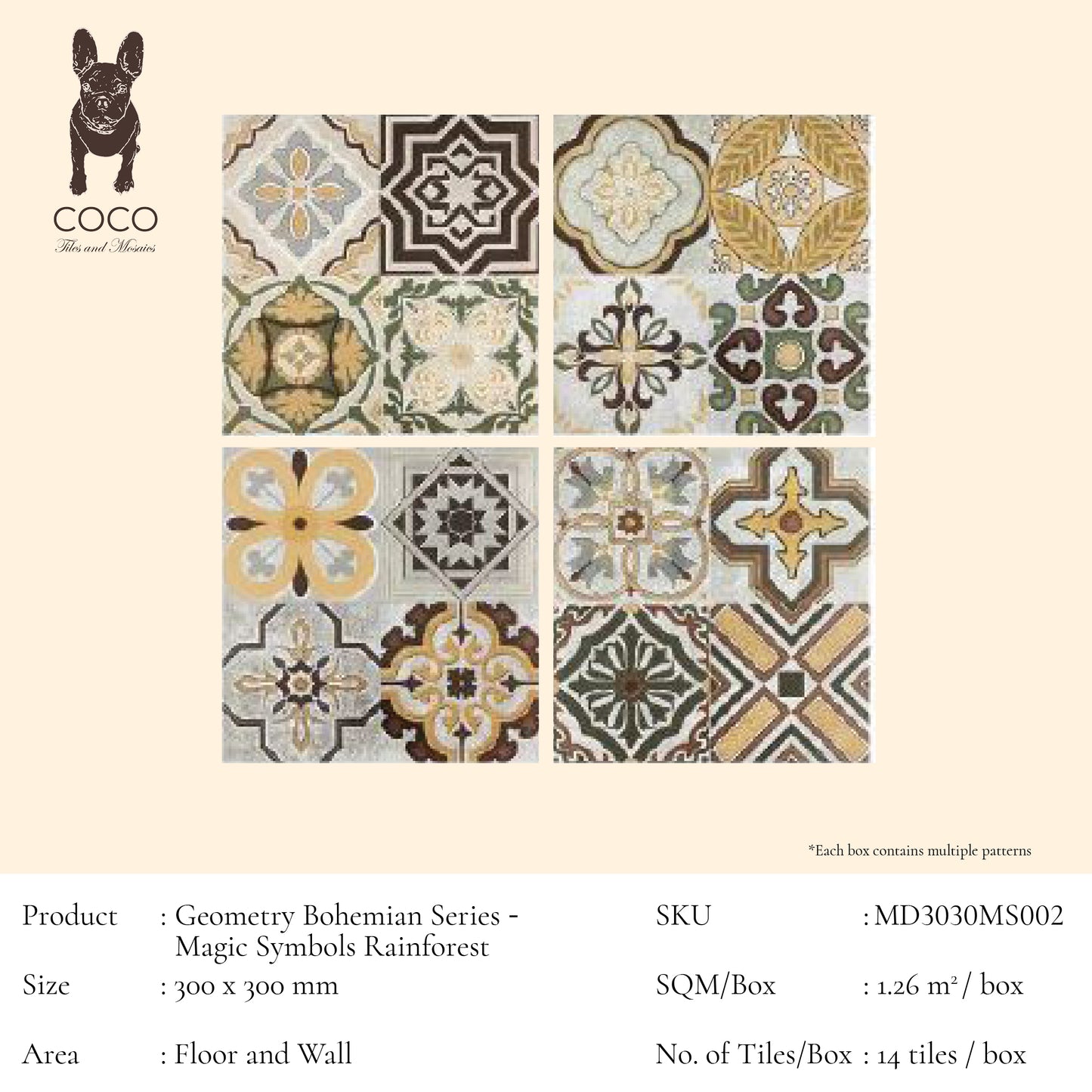 Geometry Bohemian Series - Magic Symbols Rainforest Satin 300x300mm Ceramic Tile