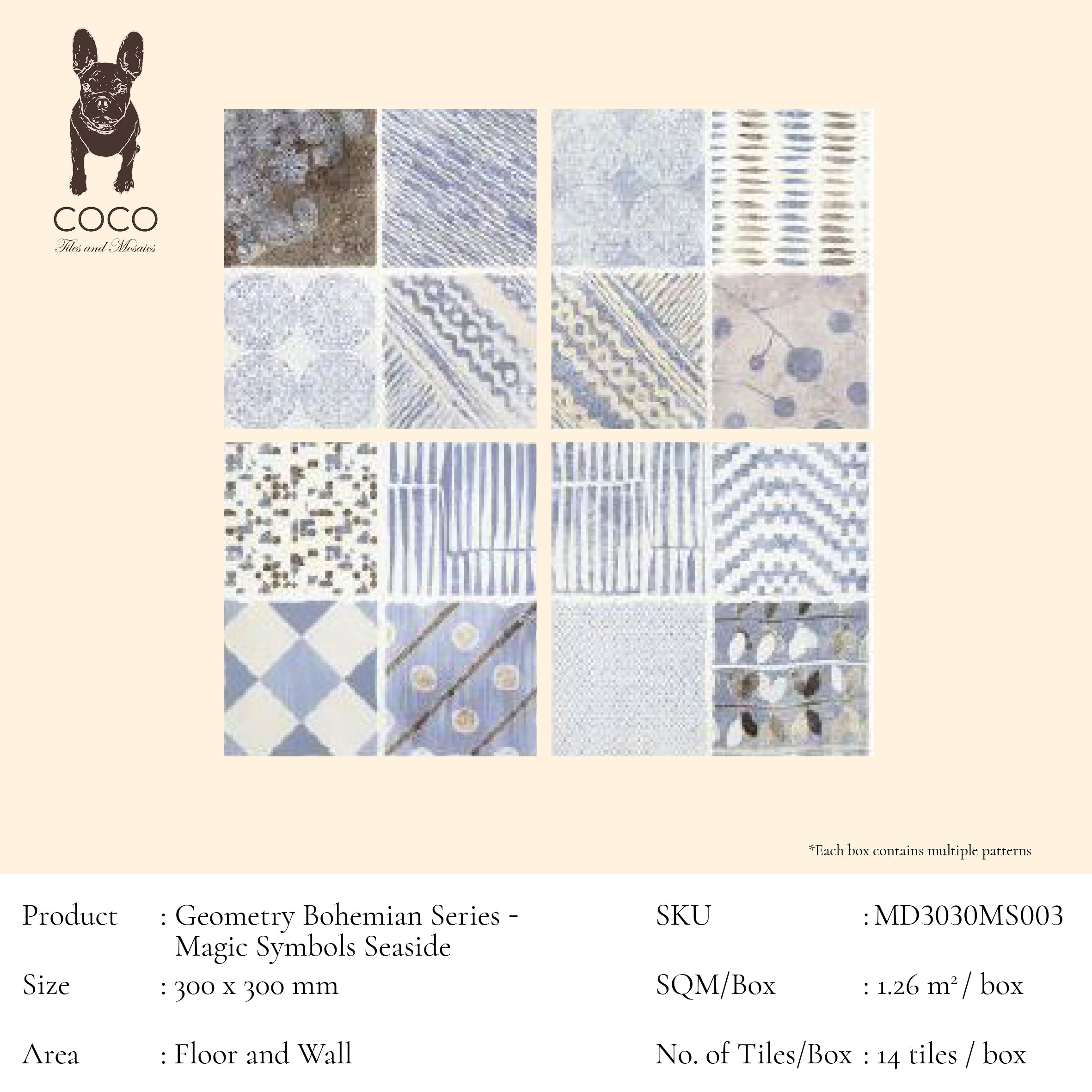Geometry Bohemian Series - Magic Symbols Seaside 300x300mm Ceramic Tile