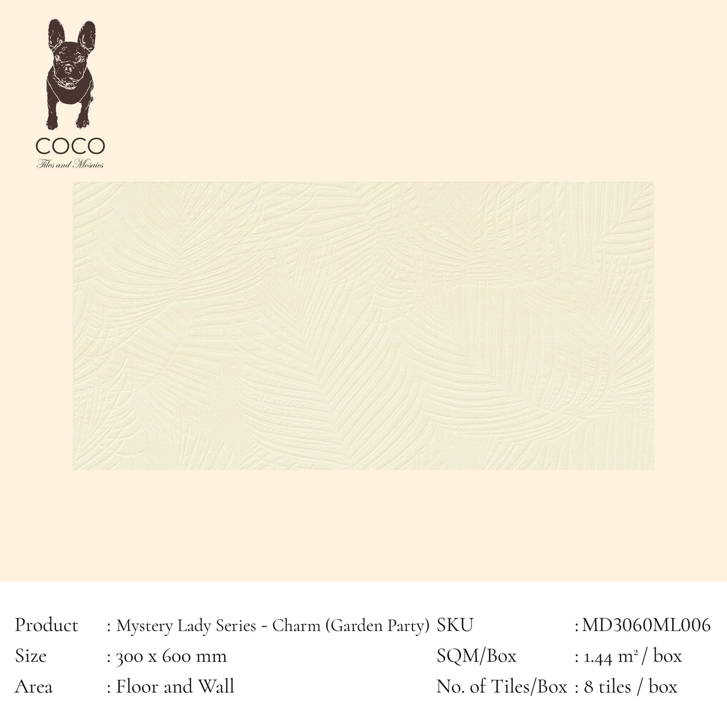 Cut Sample - Mystery Lady Series - Charm (Garden Party) 300x600mm 3D Textured Ceramic Tile (Cut Size: Approx. 100x300 mm)