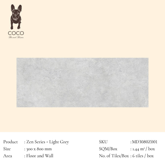 Cut Sample - Zen Series - Light Grey 300x800mm Porcelain Tile (Cut Size: Approx. 300x200 mm)