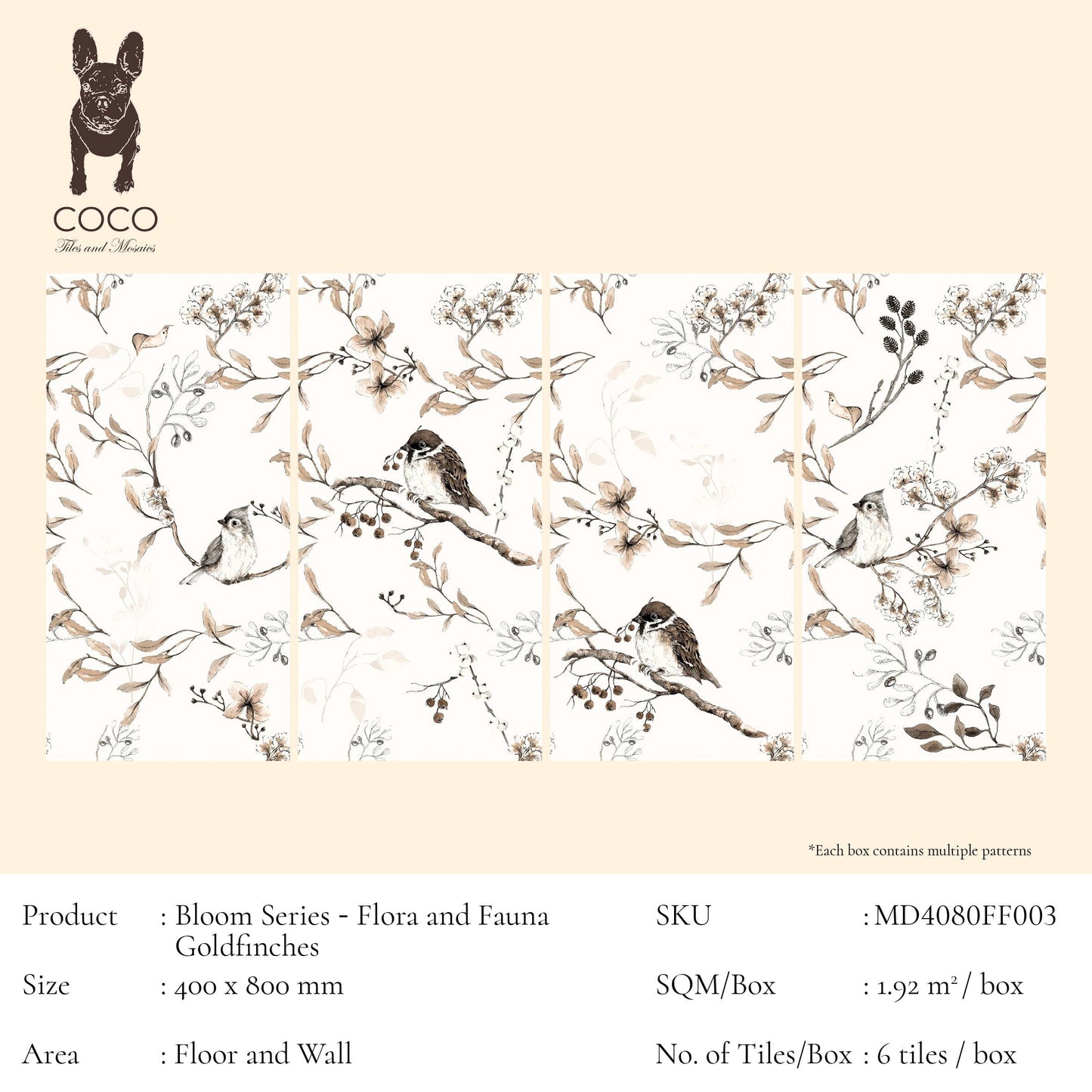Cut Sample - Bloom Series - Flora and Fauna Goldfinches 400x800mm Ceramic Tile (Cut Size: Approx. 200x400 mm)
