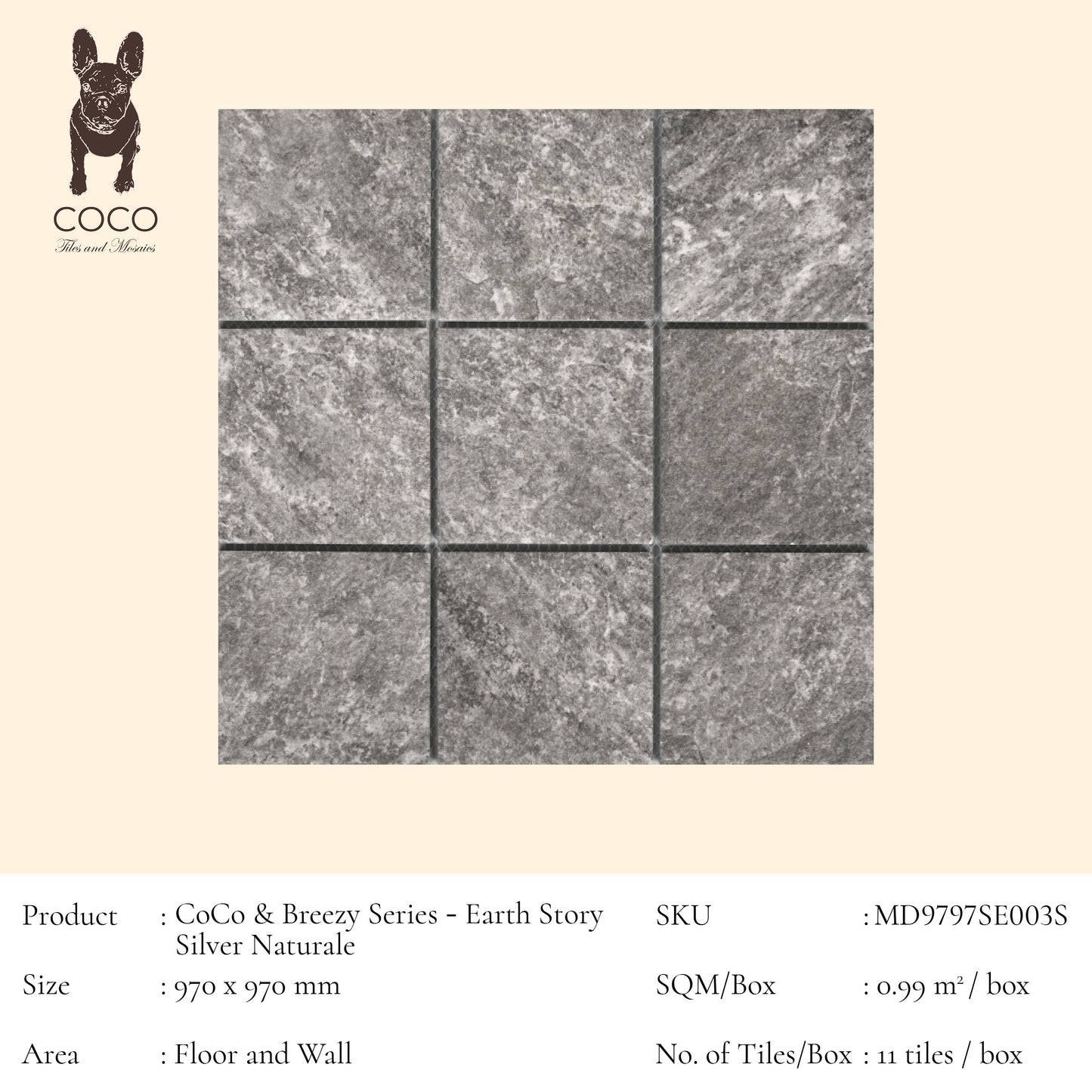 Earth Story Series - Silver Naturale 97x97mm Mosaic Tile