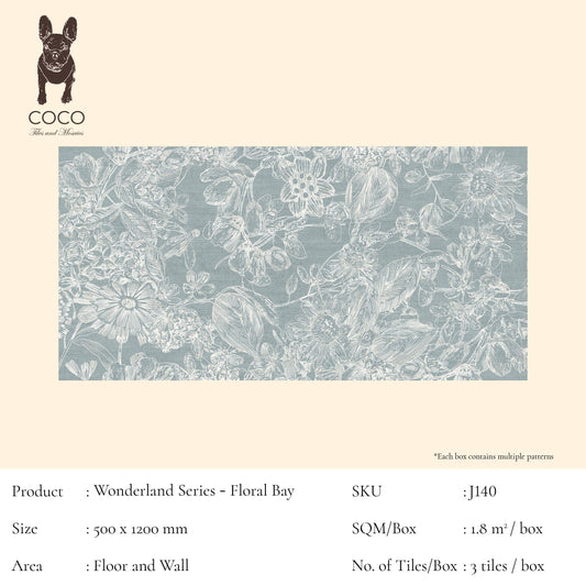 Cut Sample - Wonderland Series - Floral Bay 500x1200mm Ceramic Tile (Cut Size: Approx. 200x100mm )