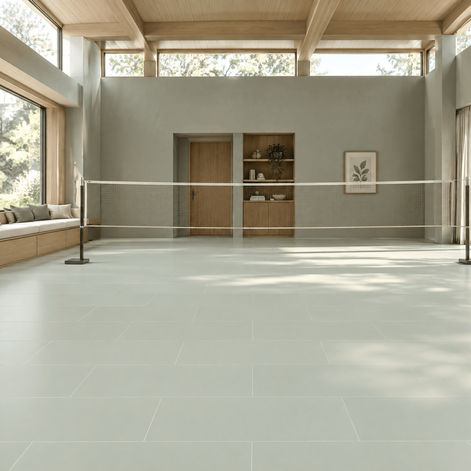 Pale green Silver Grass floor tiles in an indoor pavilion with a badminton net, timber ceiling and broad garden windows.