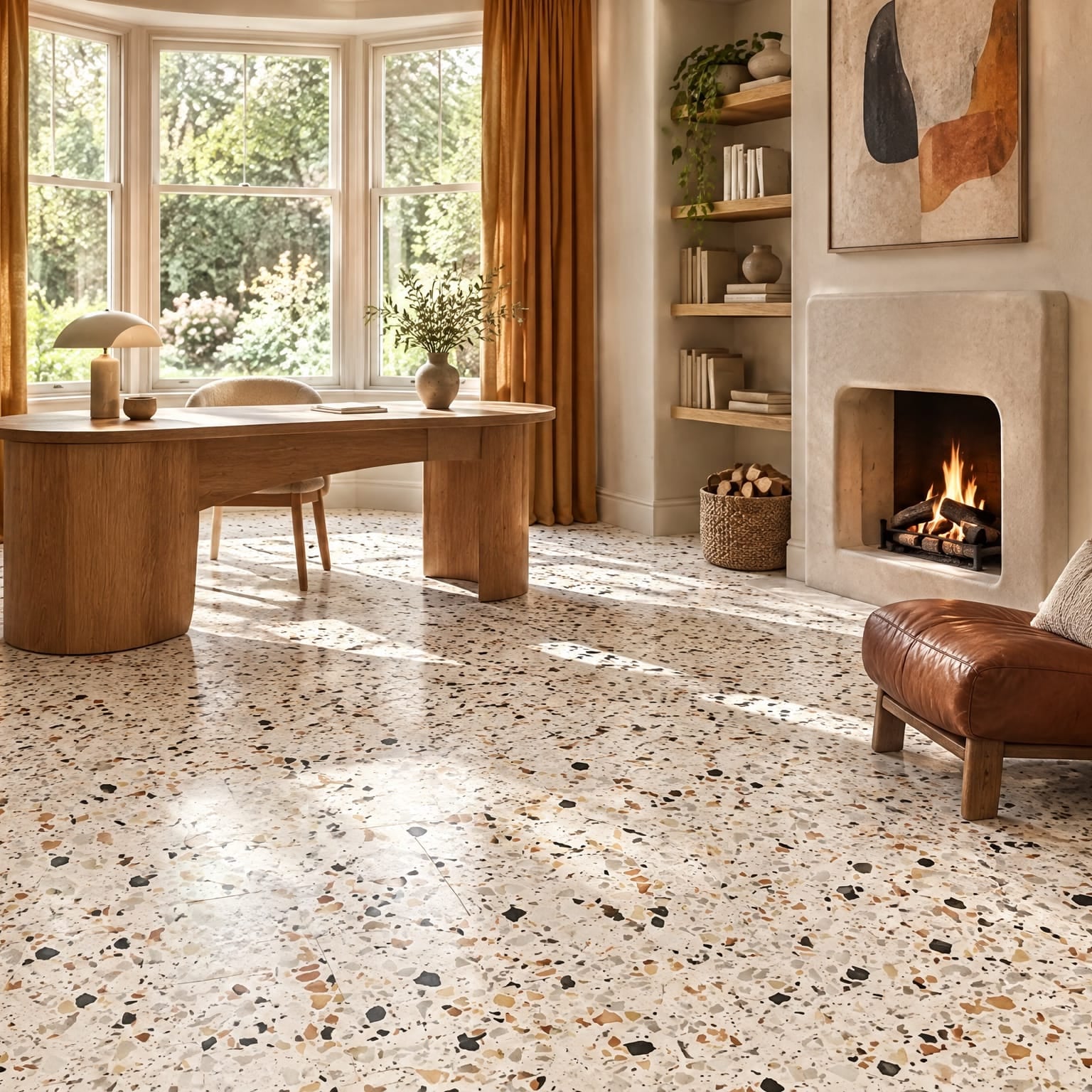 Autumn Leaf terrazzo-look tile in a writers study