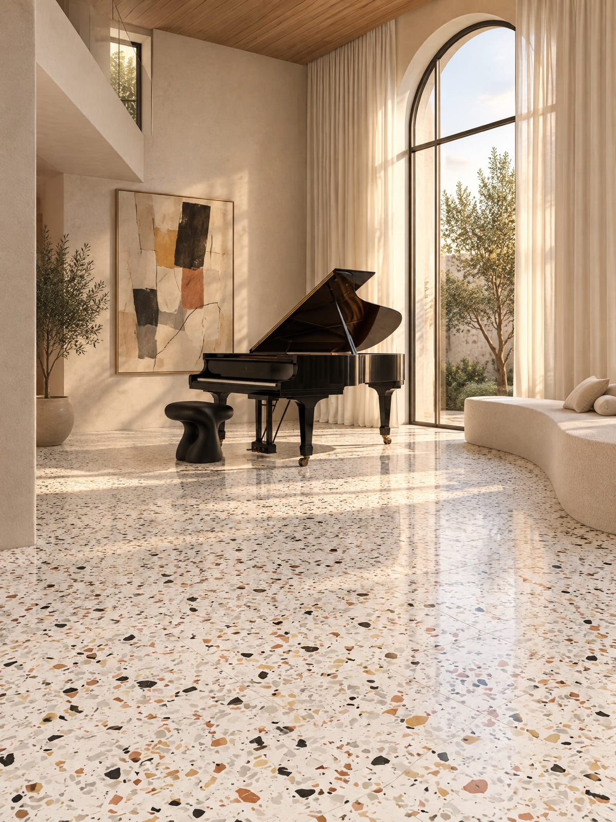 Autumn Leaf terrazzo-look tile in a music performance salon