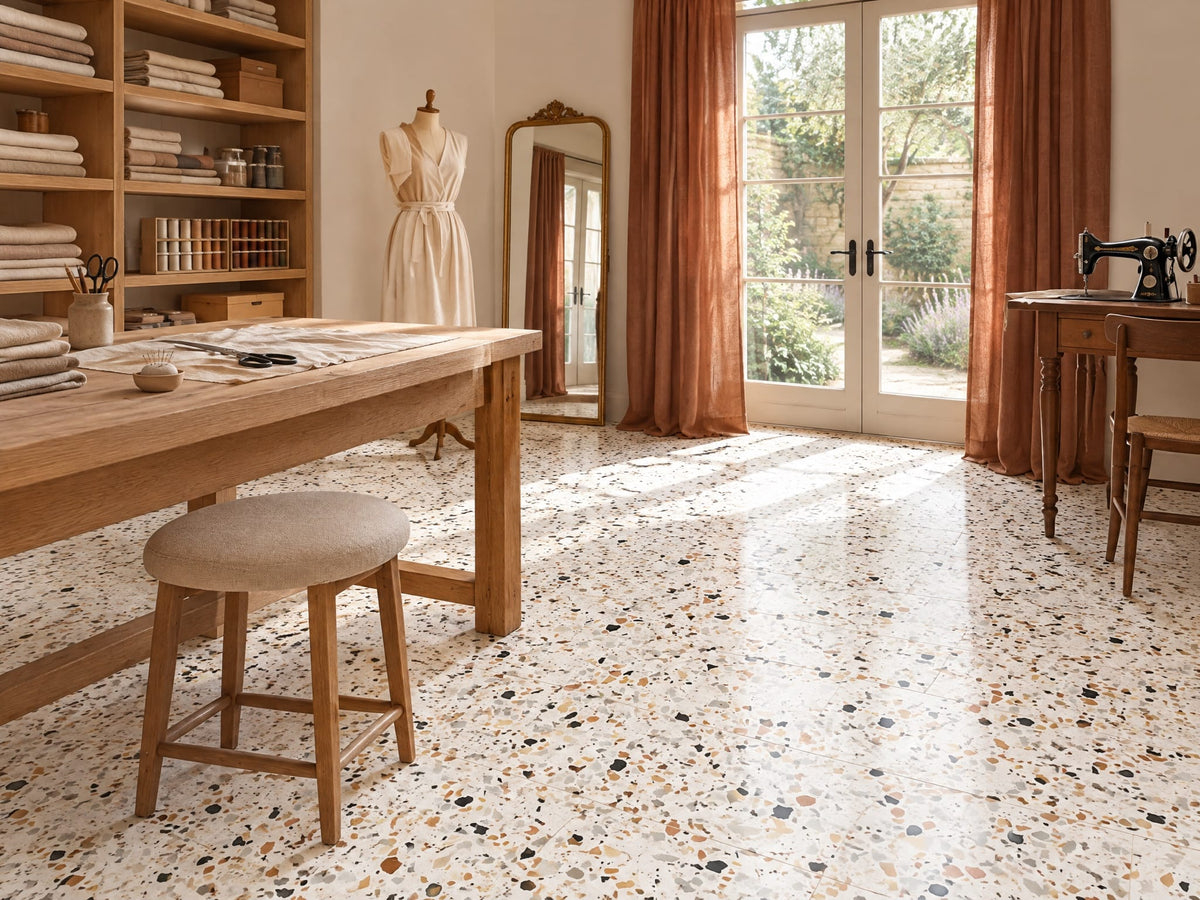 Autumn Leaf terrazzo-look tile in a dressmaking room