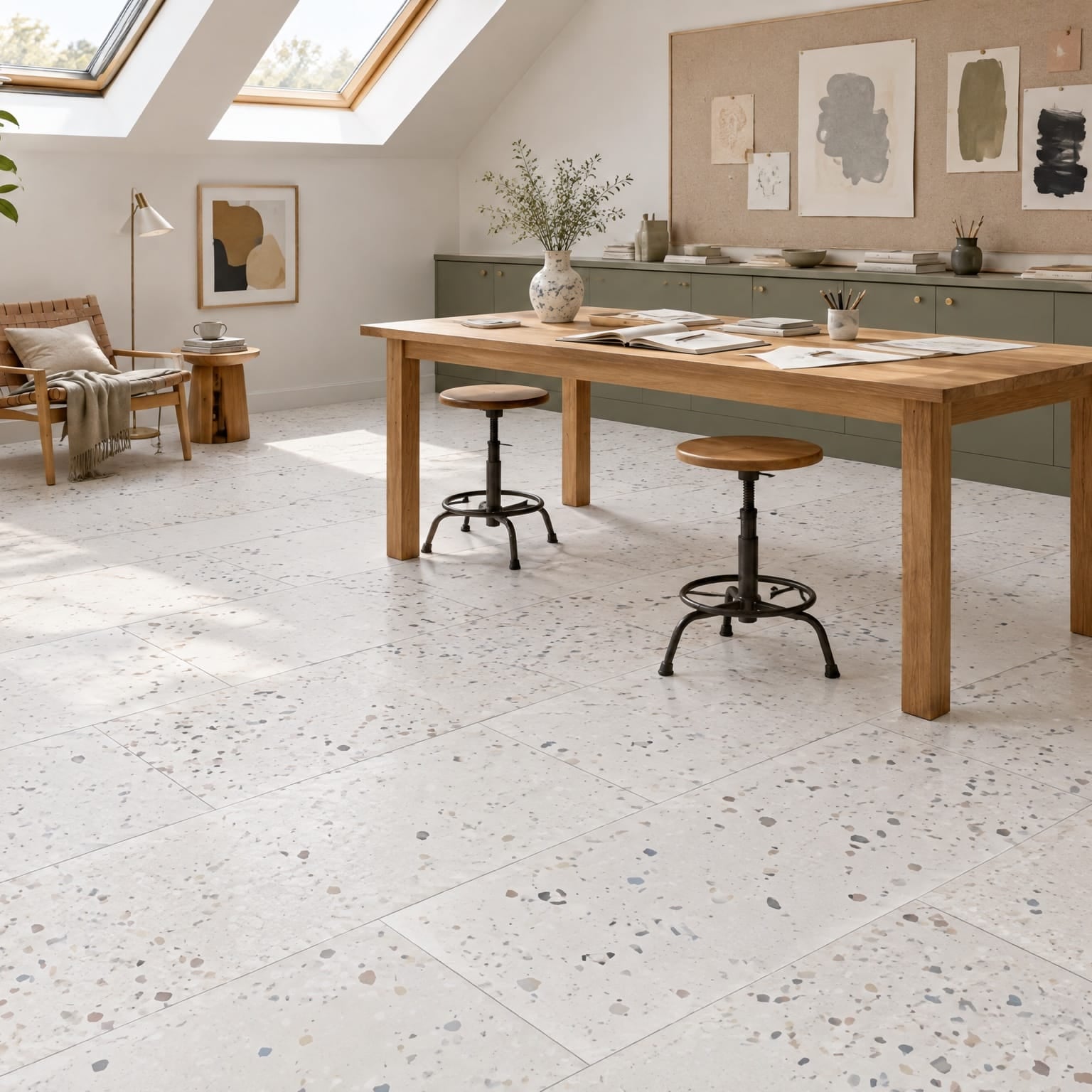Awakening terrazzo-look tile in a creative home studio