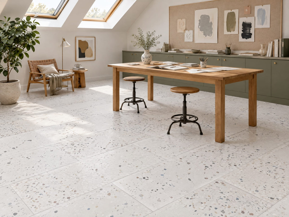 Awakening terrazzo-look tile in a creative home studio