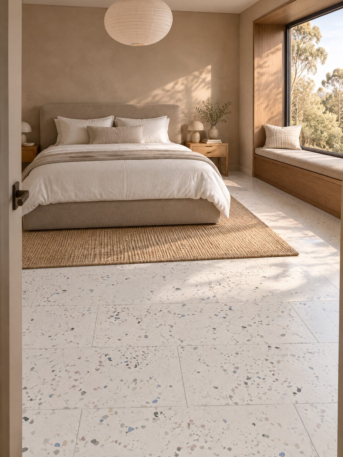 Awakening terrazzo-look tile in a bedroom suite