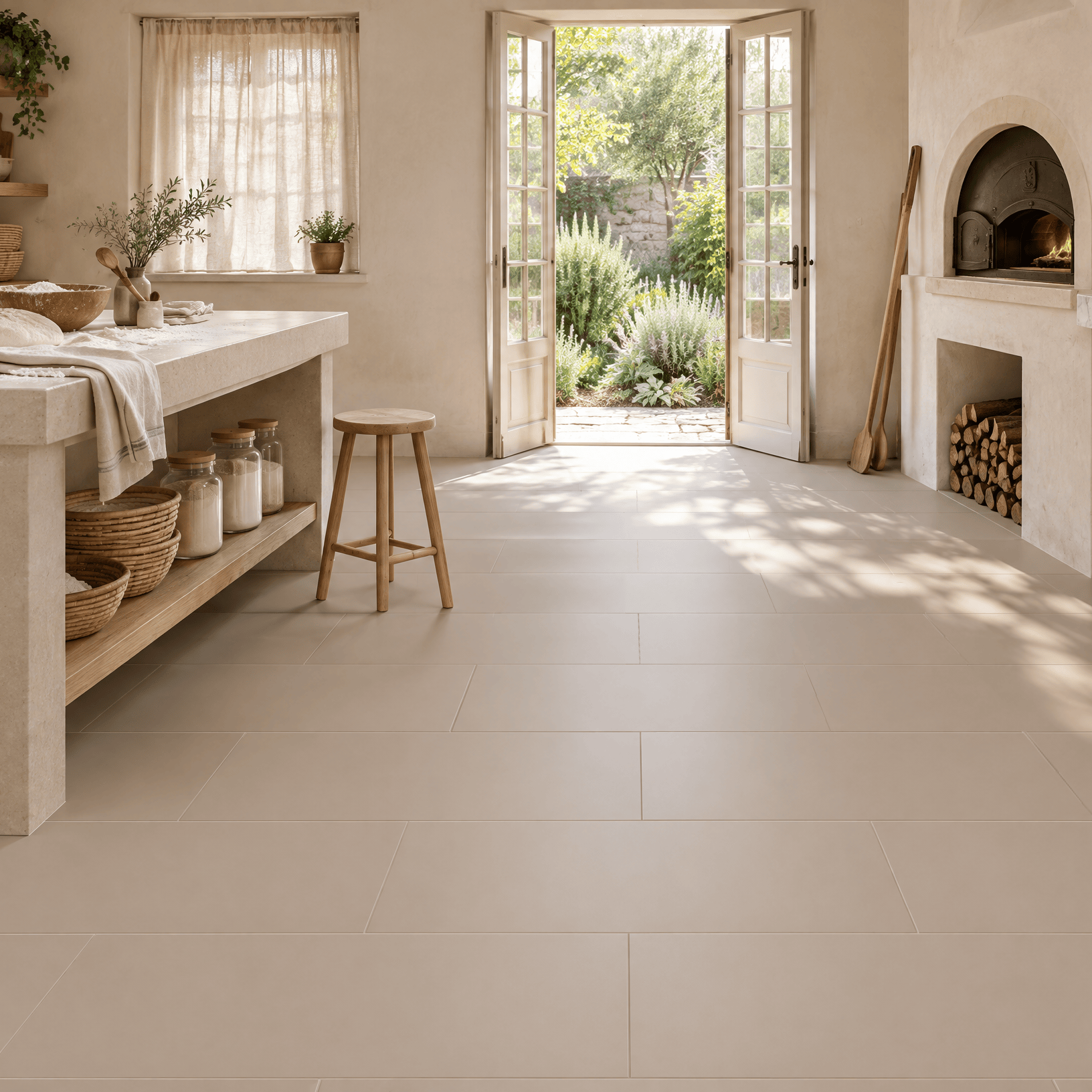 Beaver beige porcelain floor tiles in a sunlit home bakery with a stone worktable, timber shelves and an arched bread oven.
