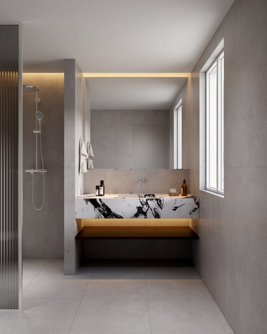 City Impression Pewter P3 Matt 600x1200mm porcelain tile — interior look 1 with mist