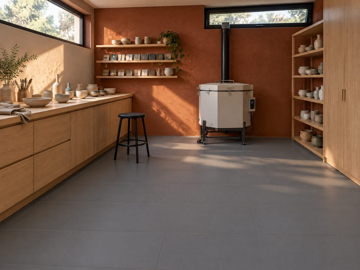 Cityscape tile in a home ceramics kiln room