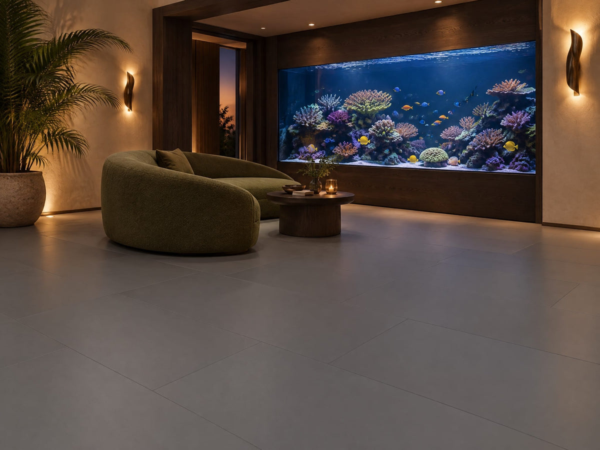 Cityscape tile in an aquarium viewing room