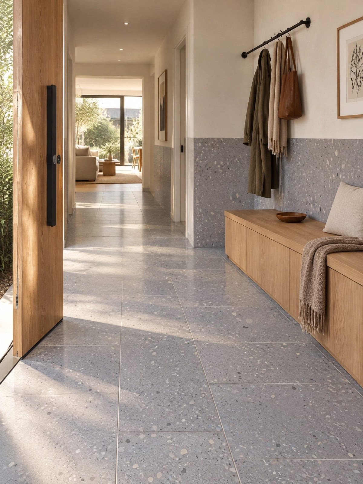 Cloudy terrazzo-look tile in an entry gallery
