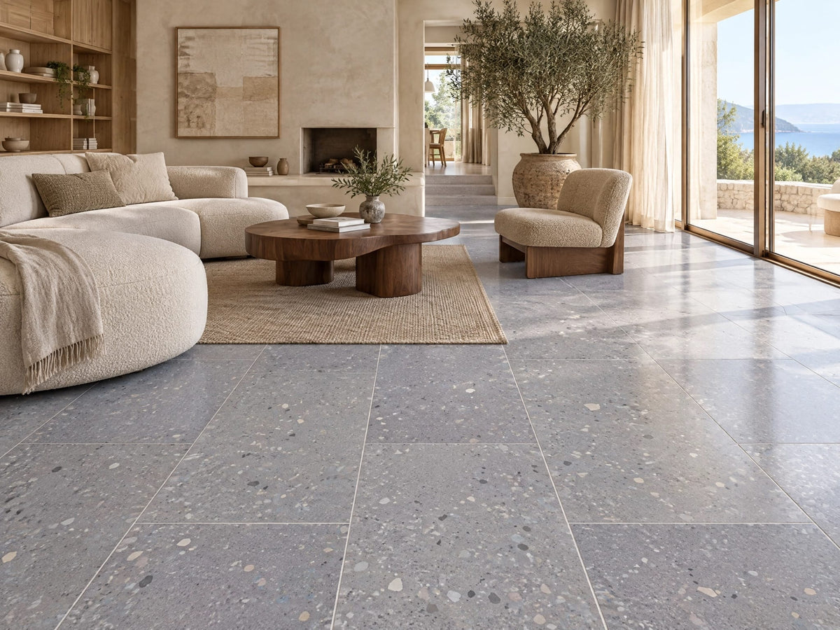 Cloudy terrazzo-look tile in a sunlit living room