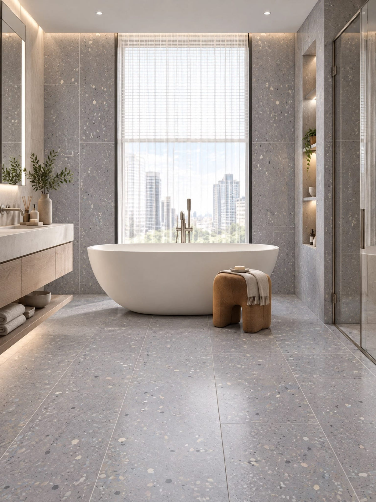 Cloudy terrazzo-look tile in a spa bathroom
