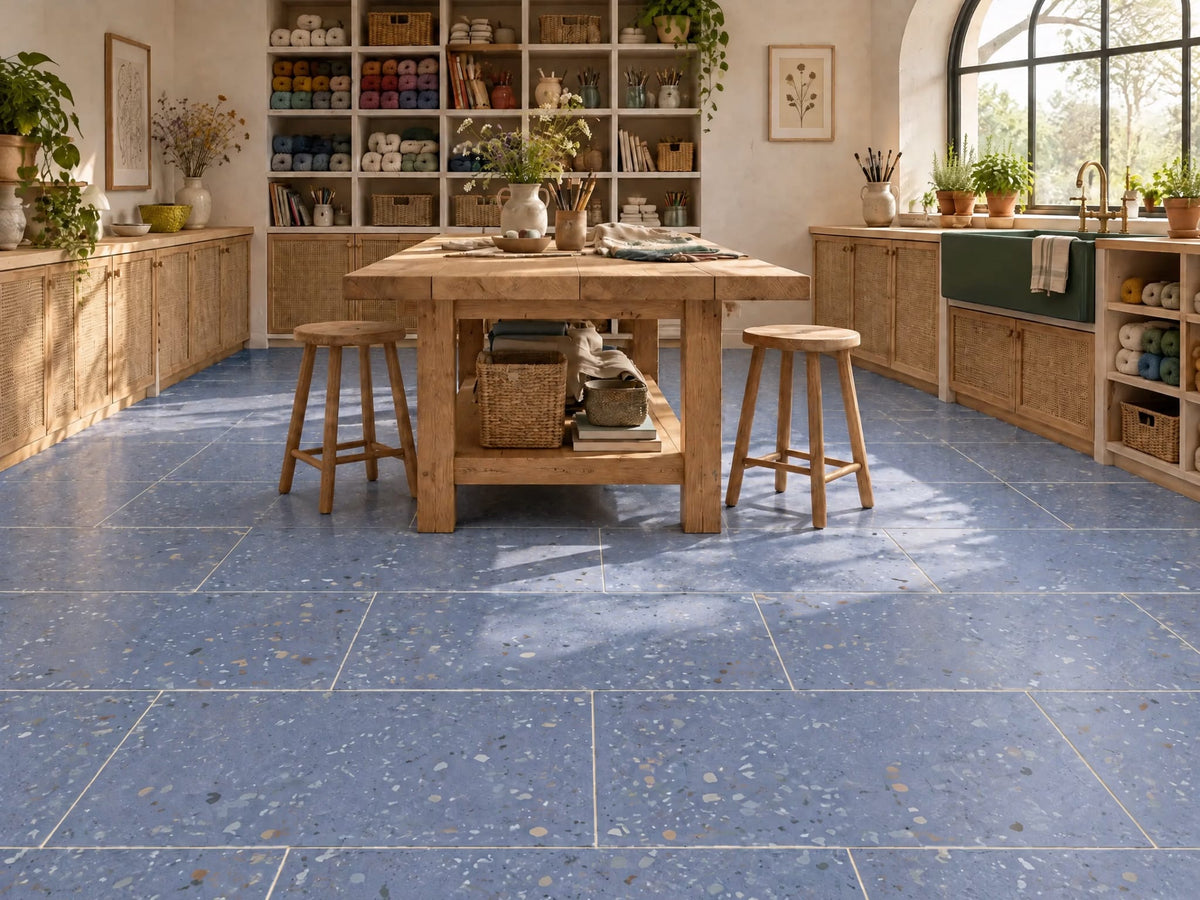 Cool Days tile interior look — hobby craft room with Mapei 123 Ancient White grout