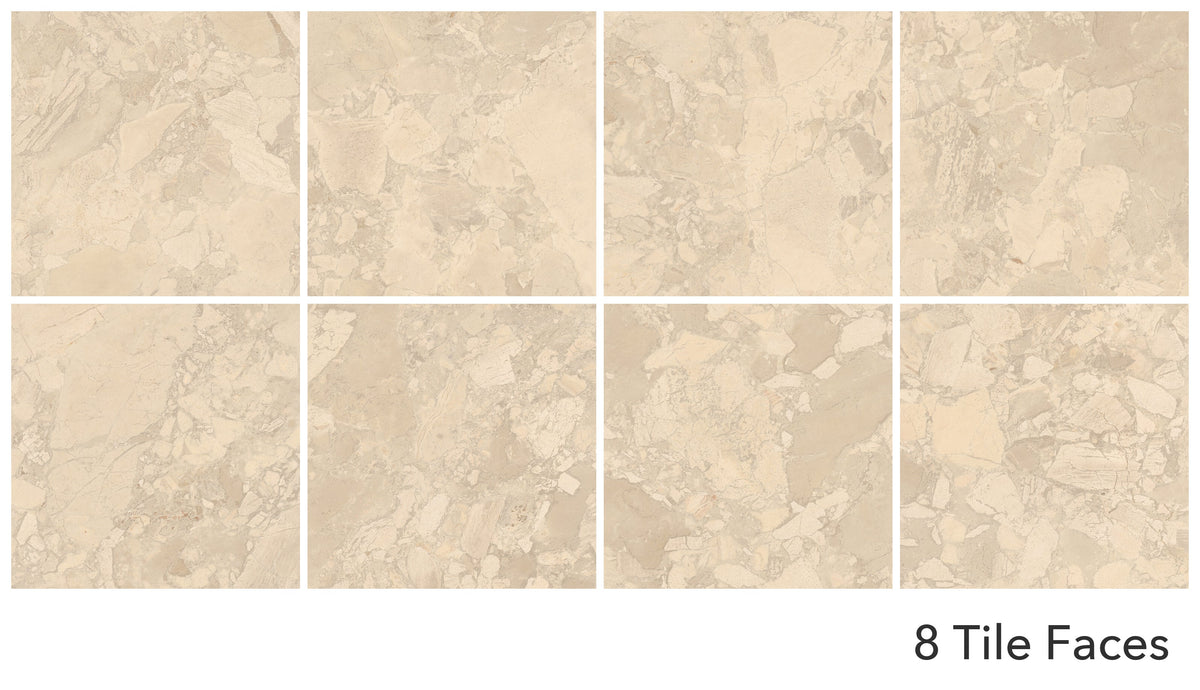 Fragmenta Series Cappuccino matt 600x600mm porcelain tile showing all 8 tile faces in a four-by-two grid.