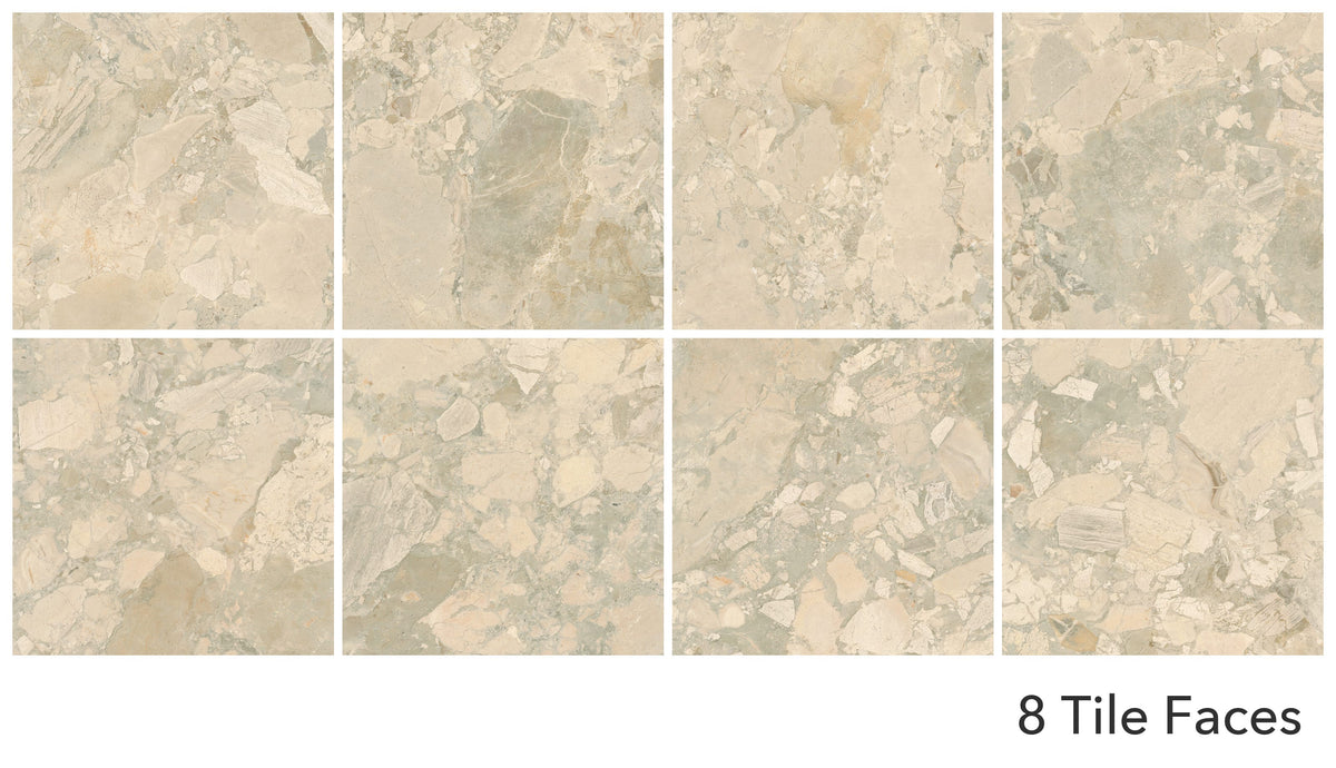 Fragmenta Series Flora matt 600x600mm porcelain tile showing all 8 tile faces in a four-by-two grid.