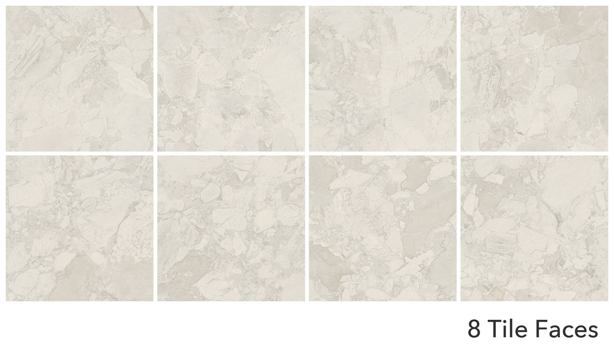 Fragmenta Series Nube matt 600x600mm porcelain tile showing all 8 tile faces in a four-by-two grid.