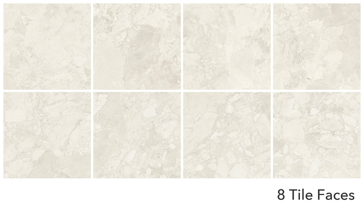Fragmenta Series Talco matt 600x600mm porcelain tile showing all 8 tile faces in a four-by-two grid.