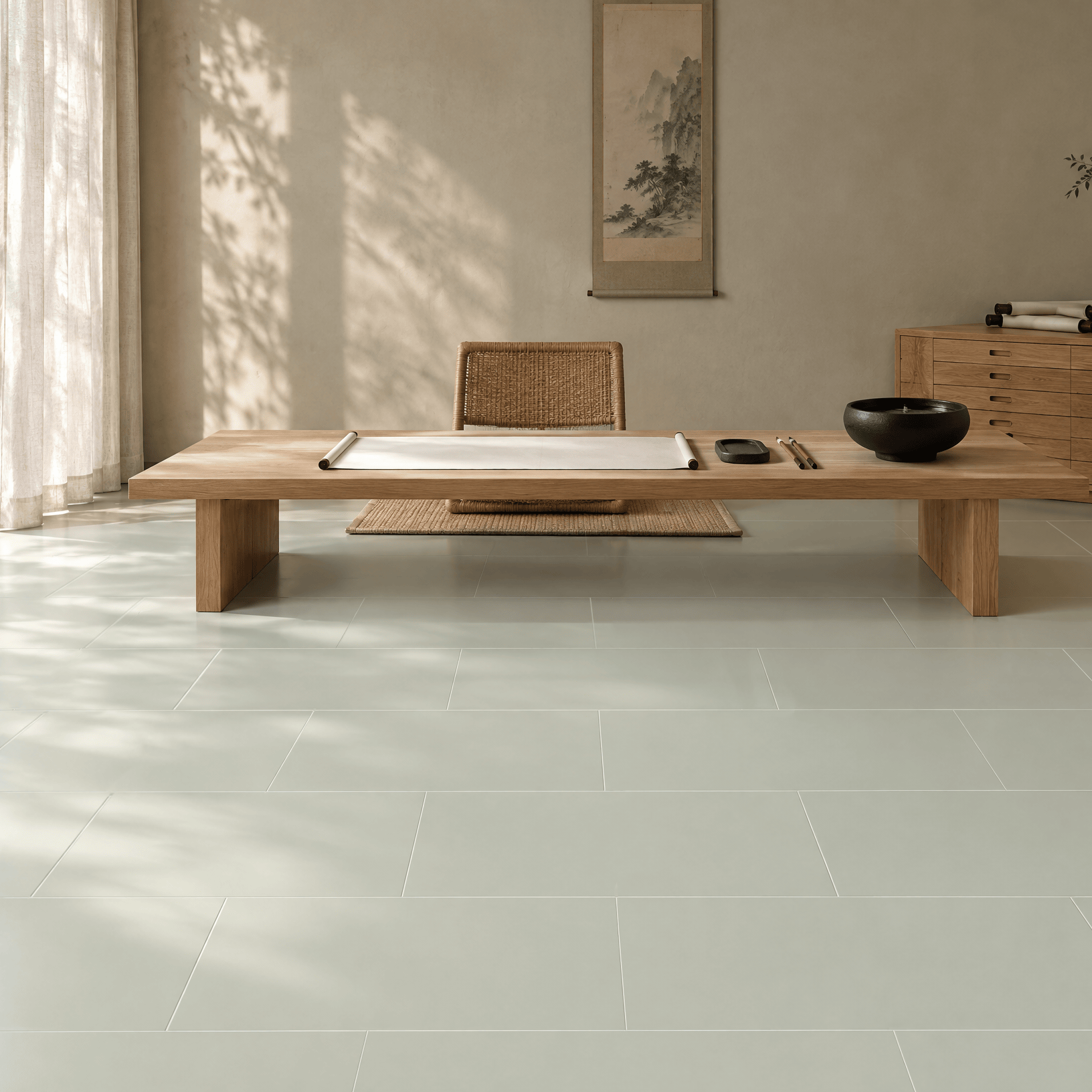 Silver Grass floor tiles in a calligraphy room with a low timber desk, paper scroll, ink brushes and a garden window.