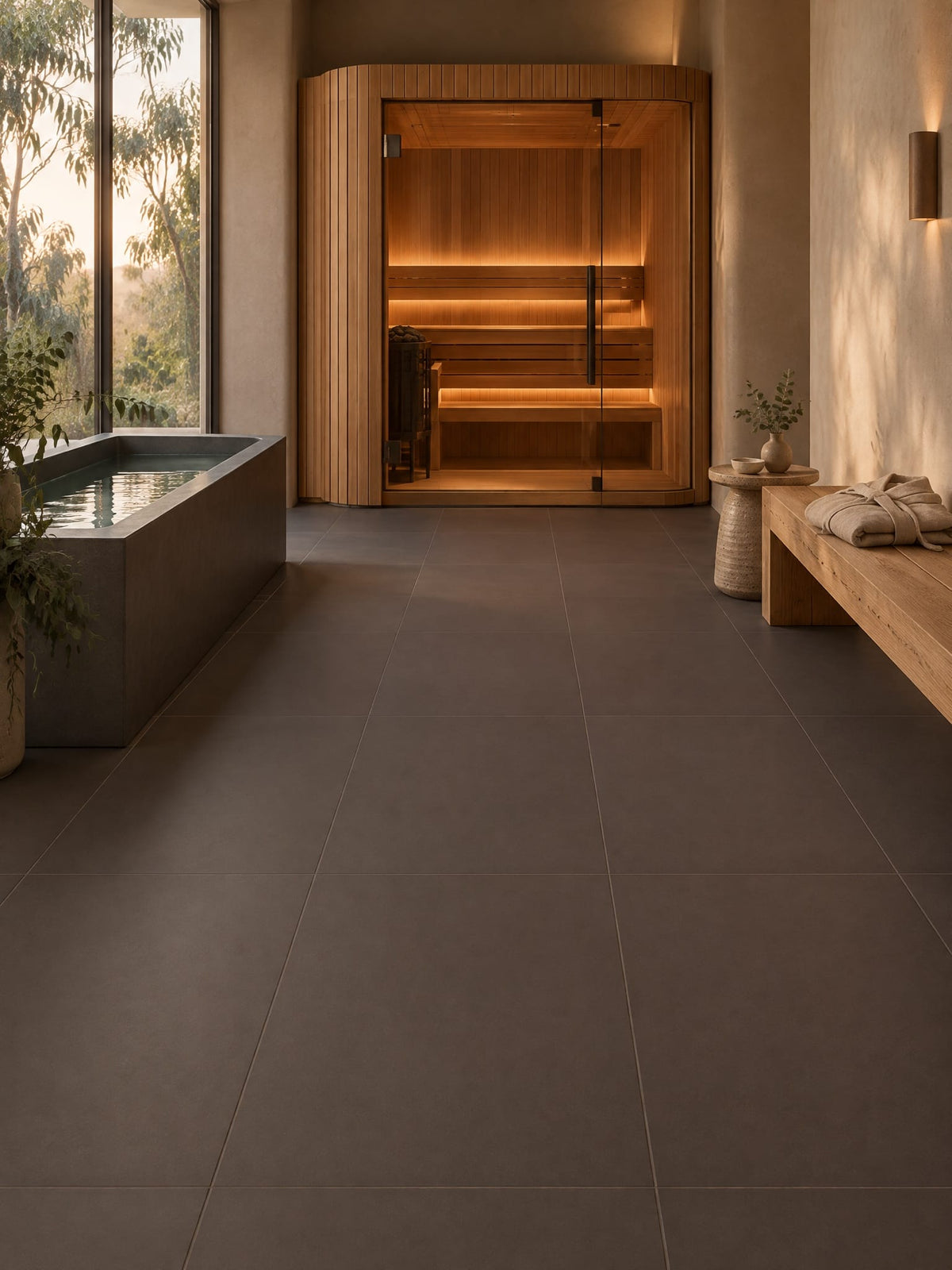 Kaffee tile in a private sauna retreat