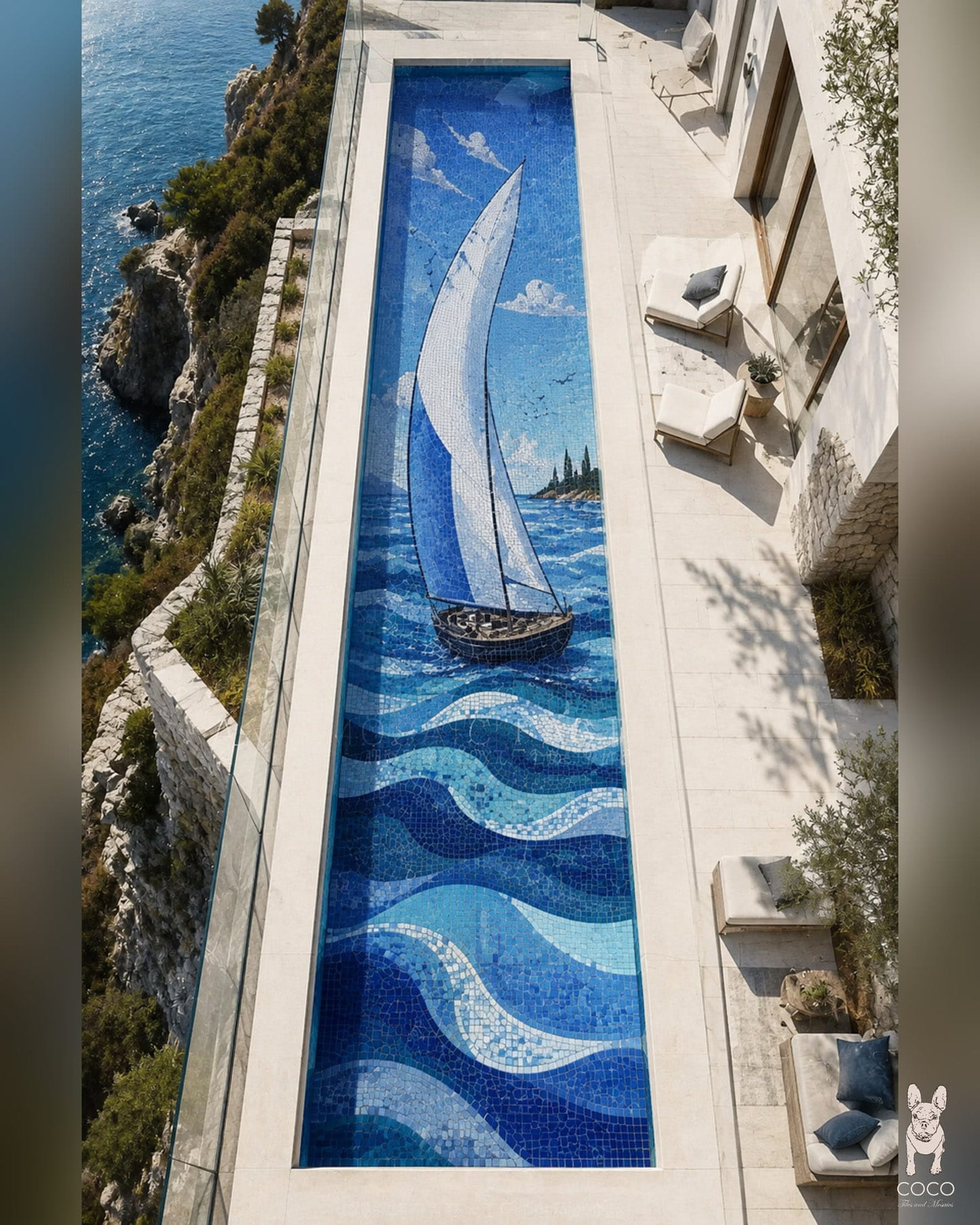 Sapphire Passage - Sailboat Seascape Glass Pool Mosaic Art
