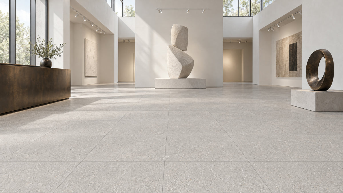 Luna Stone Crater P3 Matt 600x600mm porcelain tile — commercial art gallery interior