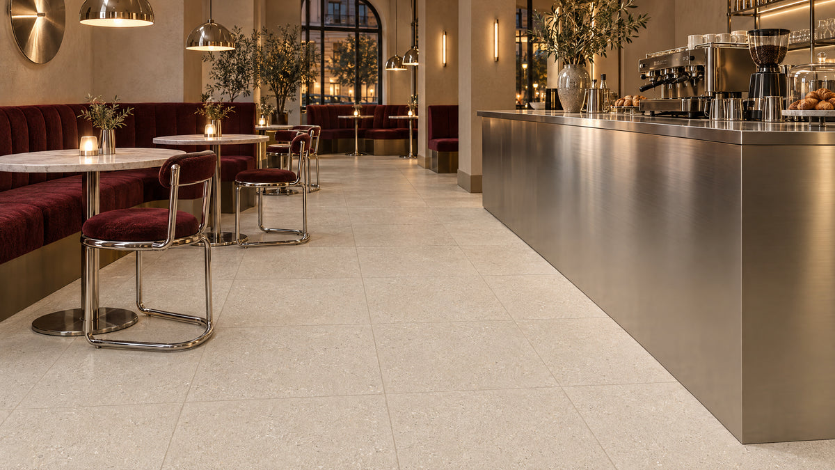 Luna Stone Dune P3 Matt 600x600mm porcelain tile — commercial italian cafe interior