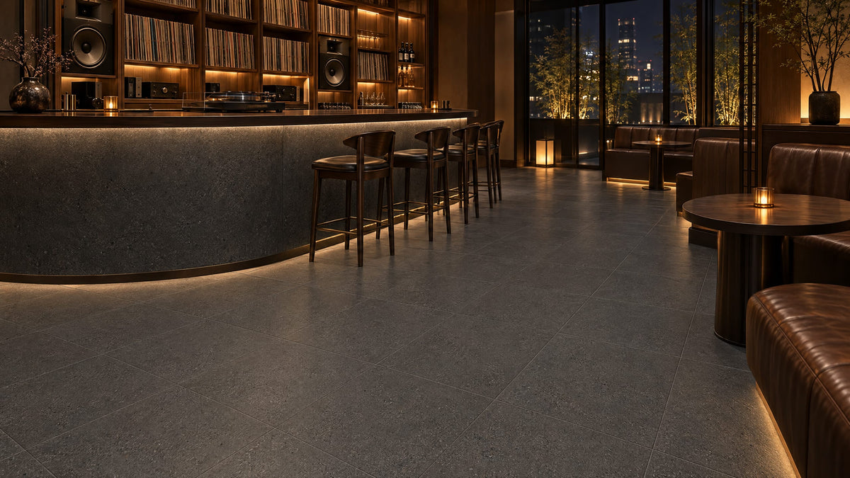 Luna Stone Eclipse P3 Matt 600x600mm porcelain tile — commercial listening bar interior