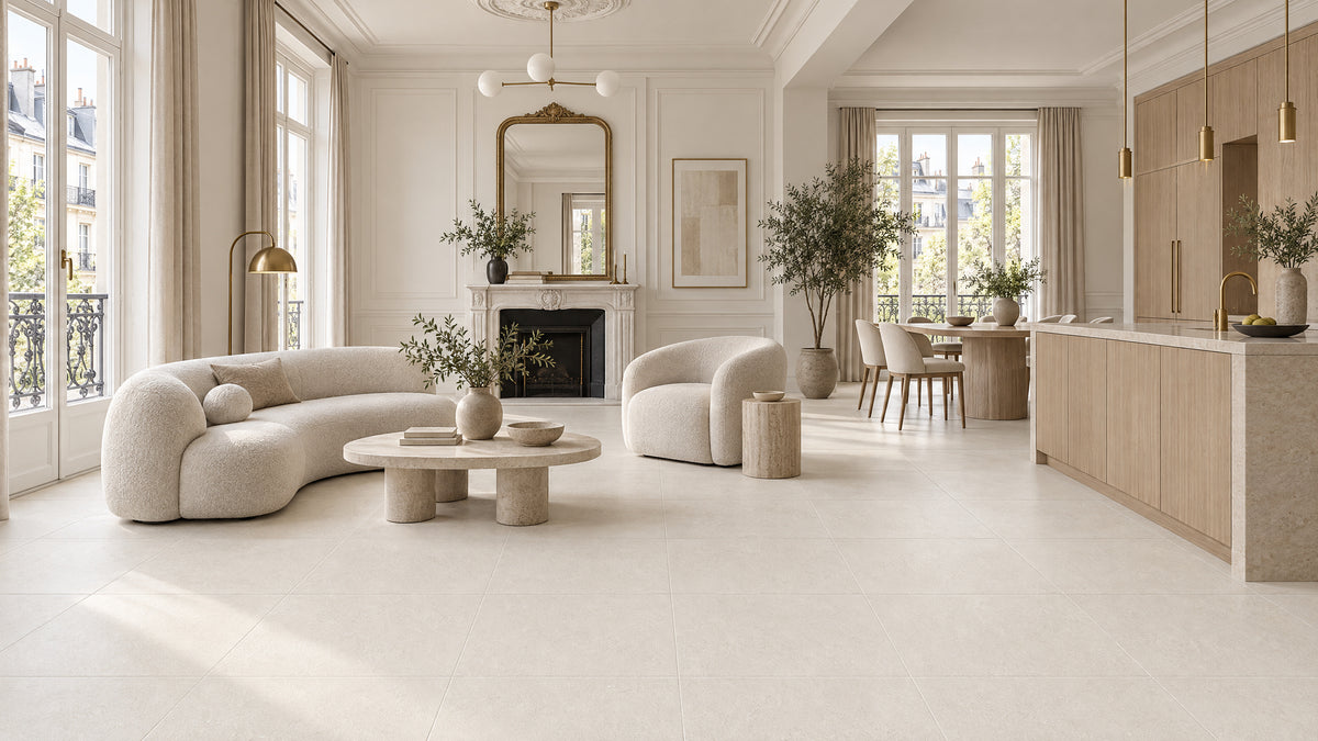 Luna Stone Pearl P3 Matt 600x600mm porcelain tile — apartment parisian modern interior