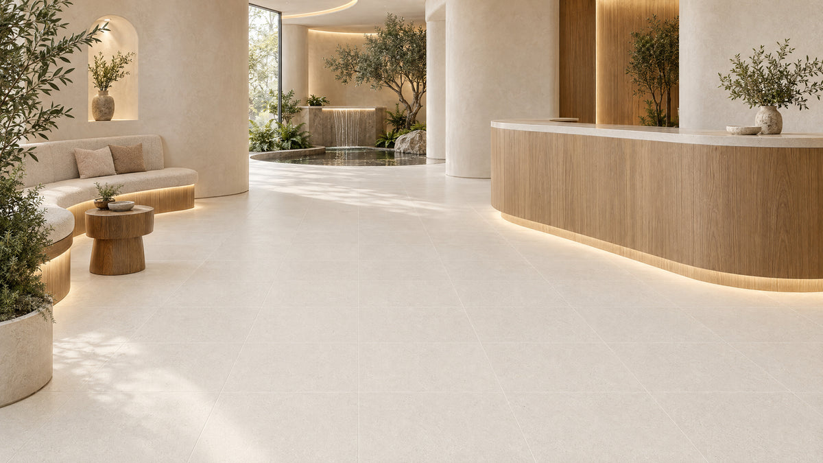 Luna Stone Pearl P3 Matt 600x600mm porcelain tile — commercial wellness interior