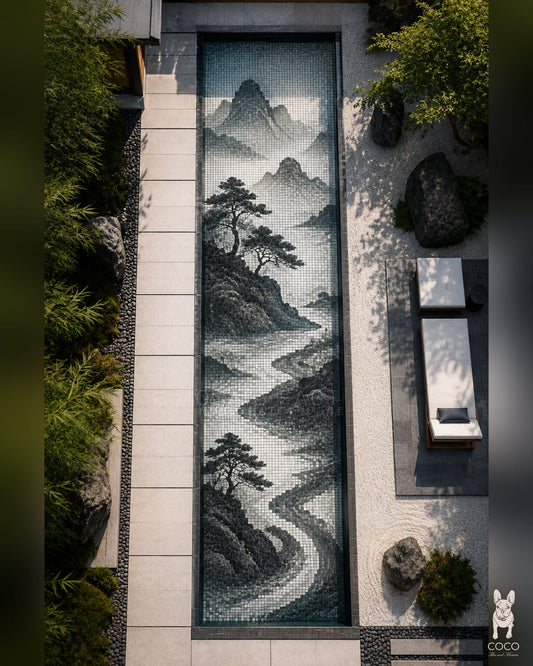 Inkstone River - Monochrome Mountain Porcelain Pool Mosaic Art