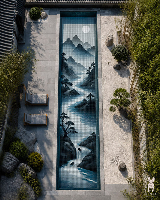 Moonlit Valley - Monochrome Mountain Porcelain Pool Mosaic Art